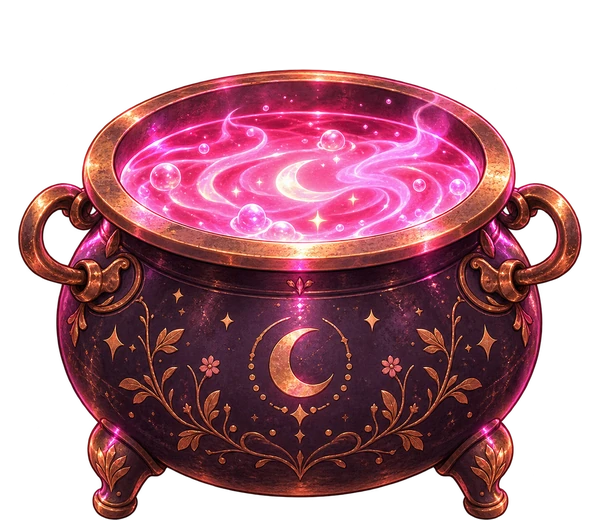 Caldeirão de cobre com poção rosa