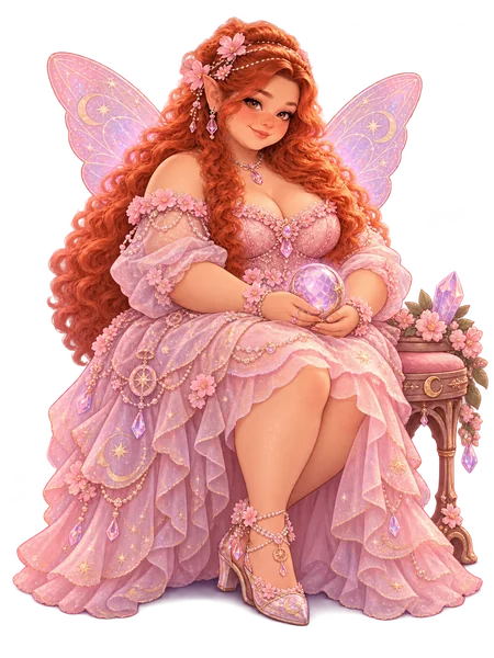 Luli, fada ruiva e gordinha, sentada em sua bancada celestial